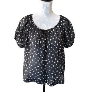 ALEX MILL Floral Short Sleeve Button Down Blouse Black Cotton Silk Small